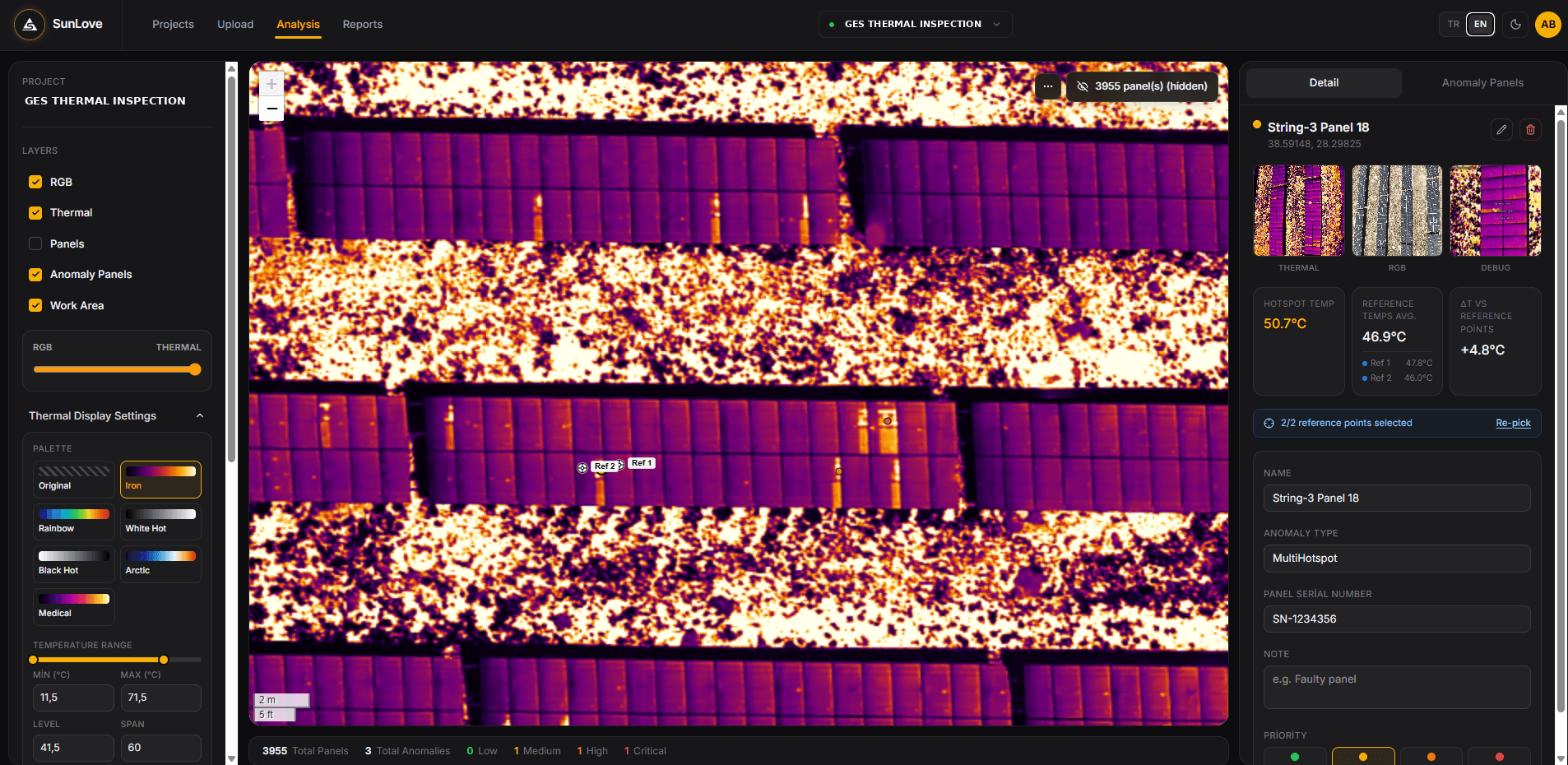 Screenshot of the SunLove GES thermal inspection dashboard
