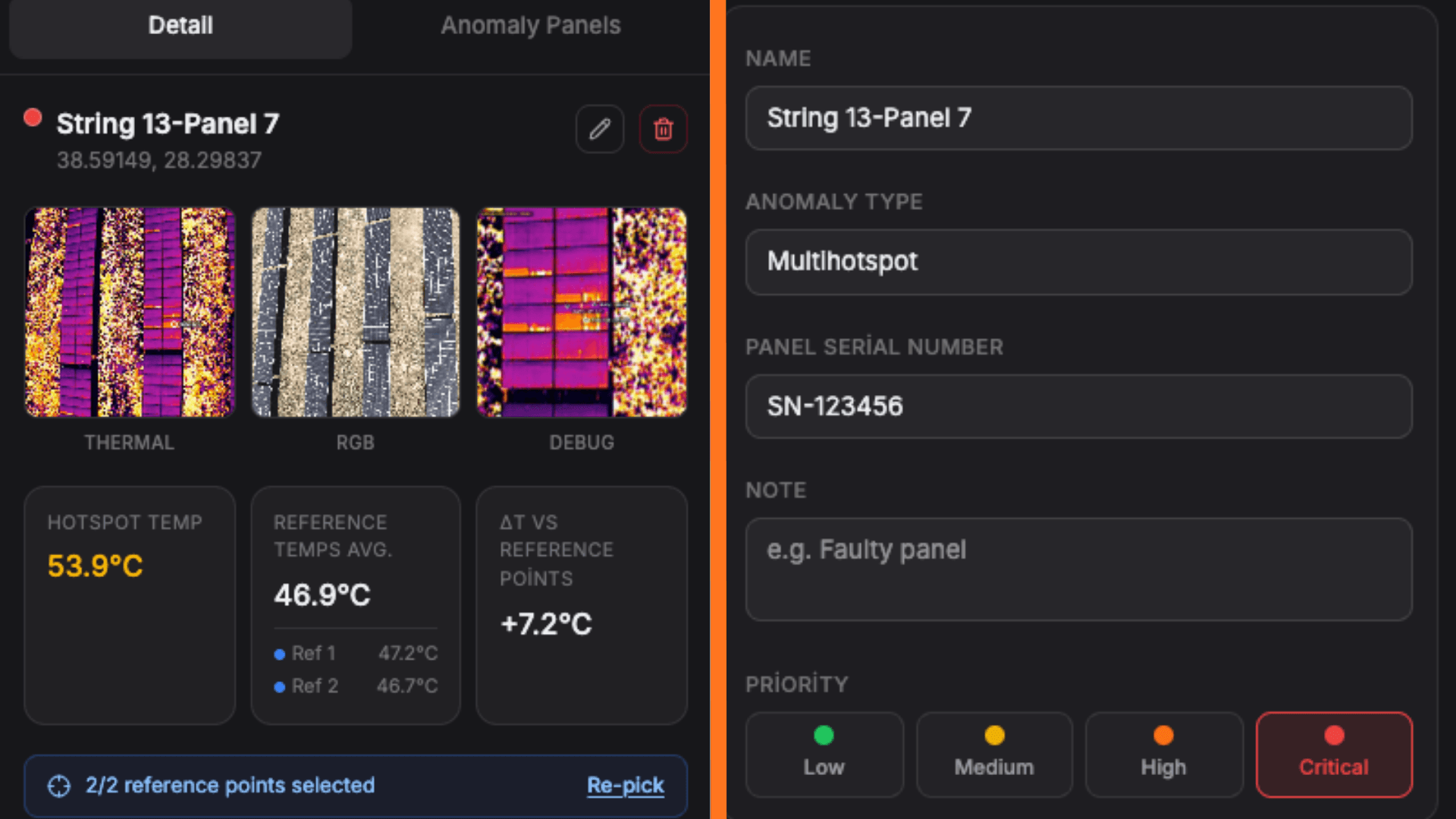 Anomaly detail screen showing hotspot temperature, reference temperatures, and ΔT value